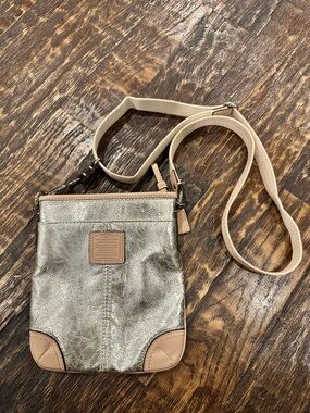 Coach crackle leather Metallic Gold Crossbody Bag with Tan Accents